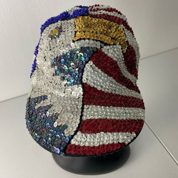 American Flag All Over Sequined Ball Cap Eagle Stripes Stars Patriotic USA OS - Picture 11 of 14
